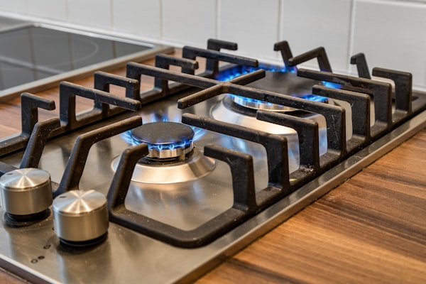 Gas stove burner with blue flame for gas line services